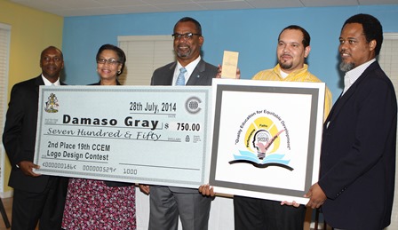 Damaso Gray, (4th from left) 2nd place finisher in the logo design contest in the 19th Conference of Commonwealth Education Ministers receives his prizes. Pictured from left is Ambrose Fernander, Ministry of Tourism; Nicole Campbell, Permanent Secretary; Mr. Gray and Marcellus Taylor, Deputy Director. (BIS Photo/Patrick Hanna).